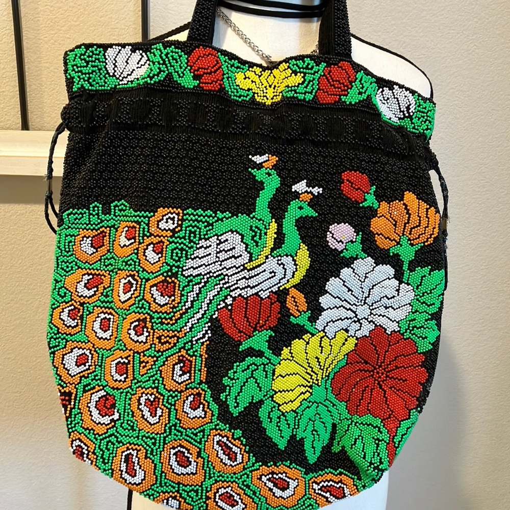 Peacock Seed Beaded Bucket Draw String Closure Be… - image 1